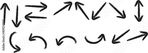 A collection of hand drawn black arrows and curved lines on a plain white background displaying various directions