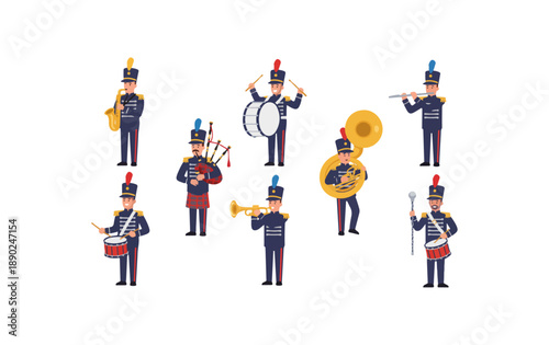 Diverse Marching Band Members Playing Various Musical Instruments.