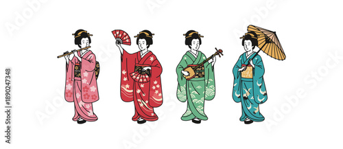 Four Women in Traditional Japanese Kimonos.