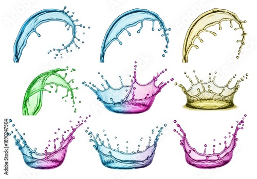 Vibrant liquid splashes in various colors and forms