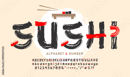 Handwritten Latin Alphabet in Traditional Japanese Ink Style - Brush Font with Calligraphic Letters, Numbers and Symbols.