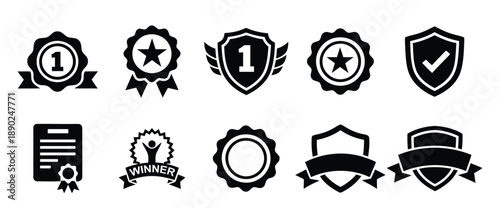 A collection of black and white award icons and badges