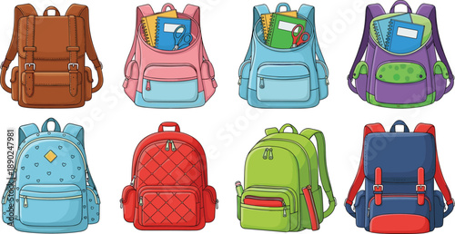 Colorful school backpack collection illustration featuring various modern bag designs with stationery supplies, student accessories concept set isolated on white background for education and travel 