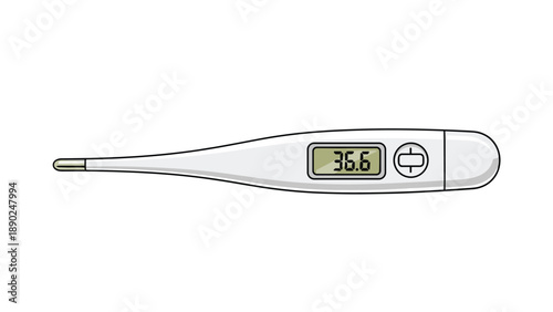 Digital electronic medical thermometer displaying a normal body temperature of 36.6 degrees Celsius, illustrated in a clean and simple cartoon style.