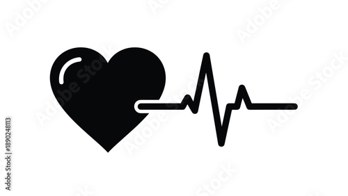 Black silhouette icon of a heart with a cardiogram line, representing heartbeat, health, and medical care in a simple design.