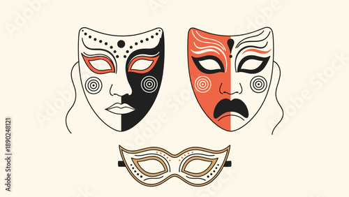 Set of three ornate theatrical masks representing comedy and tragedy, along with a smaller carnival mask for masquerade events.