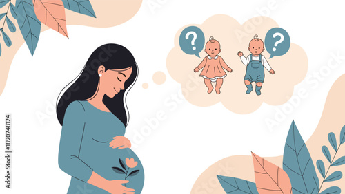 Smiling pregnant woman gently holding her belly, dreaming about the gender of her future baby, a boy or a girl in a thought bubble.