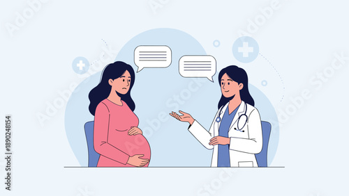 Worried pregnant woman having a consultation with a friendly female doctor or gynecologist for medical advice and reassurance.