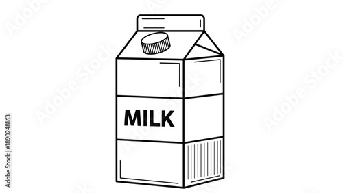 Simple black and white line art illustration of a cardboard milk carton with a screw cap, a common dairy product container.