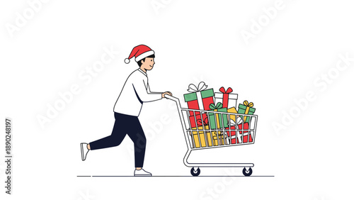 Happy young man wearing a Santa hat rushing with a shopping cart full of colorful wrapped gift boxes for the Christmas holiday.