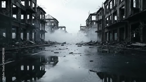 Destroyed city street with ruins and smoke, post-apocalyptic atmosphere, cinematic