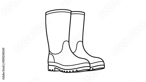 Black and white line art illustration of a pair of sturdy rubber boots, essential waterproof footwear for rain, mud, or gardening.