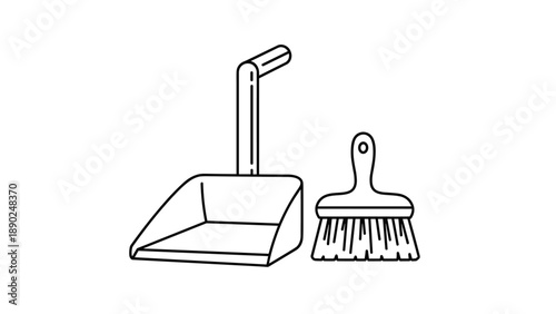 Simple black and white line art of a dustpan and a matching hand brush, an essential cleaning set for sweeping up dirt and debris.