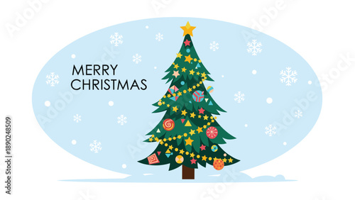 "Merry Christmas" greeting card with a beautifully decorated Christmas tree, ornaments, and falling snowflakes on a blue background.