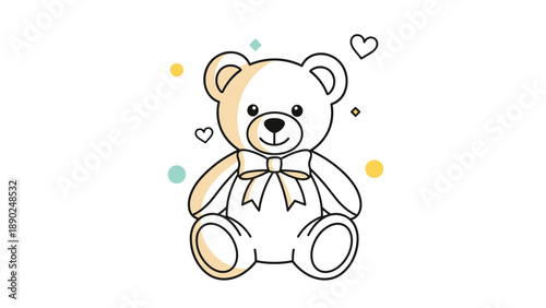 Adorable outline of a cute teddy bear with a big bow, decorated with hearts and colorful spots for a sweet, charming design.