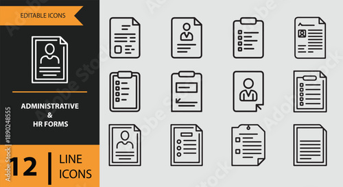 Essential administrative and human resources forms line icons for office and business documentation isolated on white background
