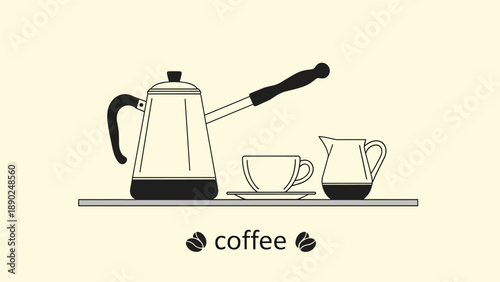 Minimalist black and white illustration of a coffee pot, a cup and saucer, and a milk jug arranged neatly on a shelf.