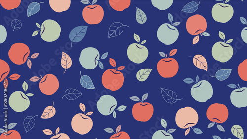 Seamless pattern of colorful hand-drawn apples and leaves in a charming, rustic style on a deep blue background for fabric or wallpaper.