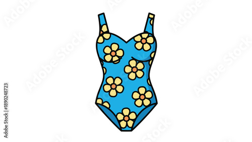 Cute blue one-piece women's swimsuit with a bright yellow floral daisy pattern, isolated on a clean white background illustration.