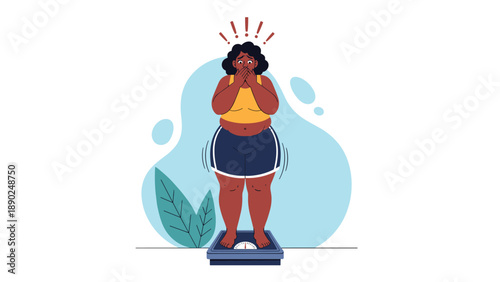 Shocked and anxious African American plus-size woman standing on a bathroom scale, concerned about her weight and body image.