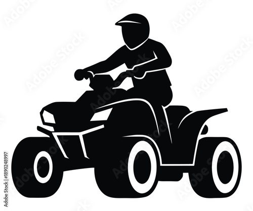 A person riding an all-terrain vehicle on a plain background