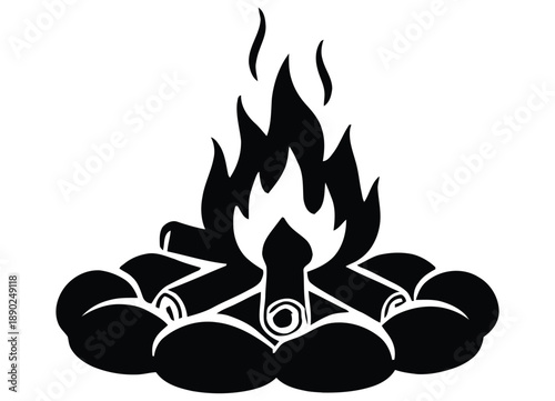 A black and white illustration of a campfire burning brightly