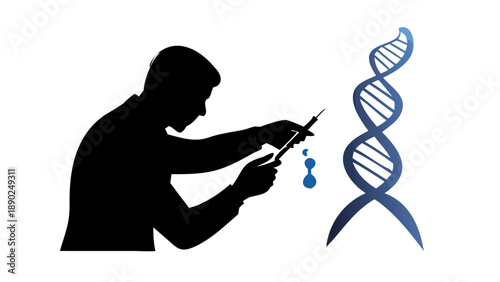 Detailed silhouette of a scientist using a pipette to modify a DNA strand, CRISPR and genetic engineering concept