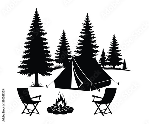A serene camping scene with a tent and chairs by a fire