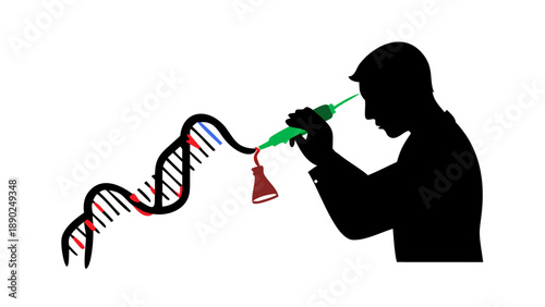 Detailed silhouette of a scientist using a pipette to modify a DNA strand, CRISPR and genetic engineering concept
