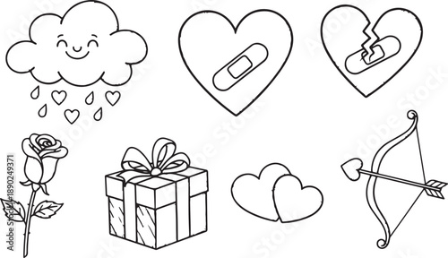Love and emotions symbols: cloud, hearts, rose, gift, bow and arrow