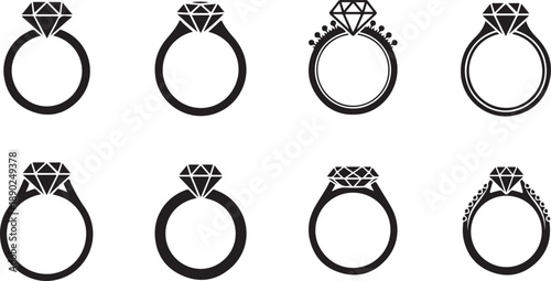 Collection of diamond engagement ring icons in black and white