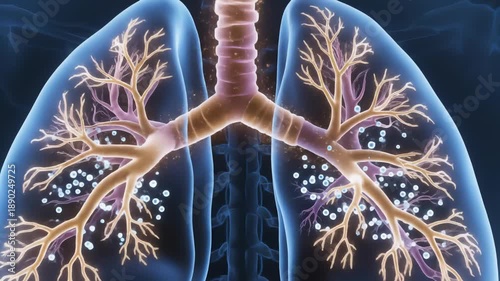A close-up, transparent 3D rendering of the human respiratory system highlighting the bronchi within the lungs, illuminated by glowing energy particles against a dark background.