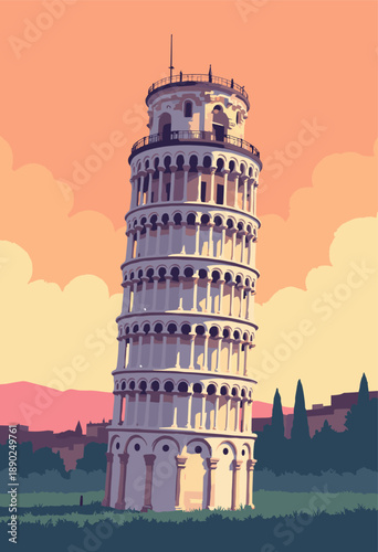 Vertical retro poster Leaning Tower Pisa Romanesque architecture silhouette against warm gradient sky Flat