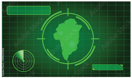 Green radar targeting screen over island map with circular crosshair and grid overlay