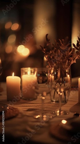 Warm and intimate candlelit dinner setting with glowing candles and elegant table decor.