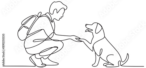 continuous line drawing happy person interacting with a puppy, symbolizing friendship and pet care. vector illustration
