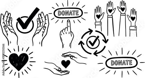 Black and white hand drawn vector icons with hearts and donate button for charity and social support concept illustration