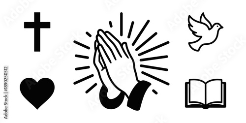 Christianity religion symbols icon set with praying hands
