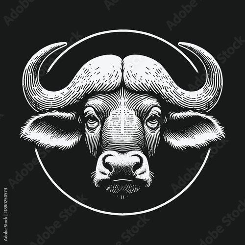 Detailed Engraving of a Majestic African Buffalo Head.