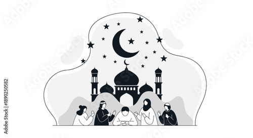 Striking black and white illustration of people praying before a mosque under a starry night sky with a crescent moon symbolizing Islamic faith and communal worship, Generative AI.