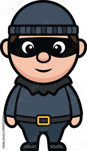 Cartoon burglar wearing mask and black clothes standing against a plain background
