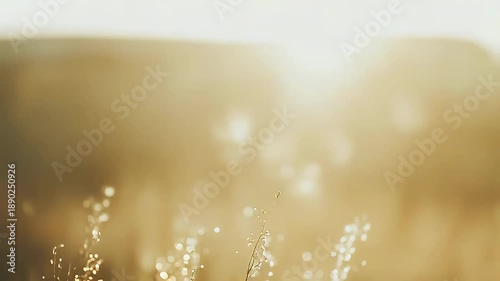 Grass blades lit by warm golden sunrise, dew drops sparkling into soft bokeh across a tranquil rural field, evoking fresh summer morning serenity and gentle light
