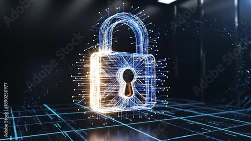 Digital padlock emerging from glowing blue particle cloud, representing cybersecurity and data protection