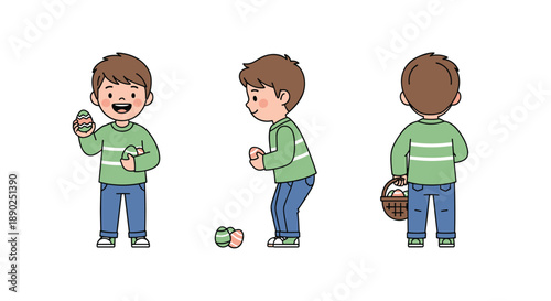 Joyful cartoon boy in three views celebrating Easter with painted eggs and a basket ideal for spring and holiday visual content, Generative AI.