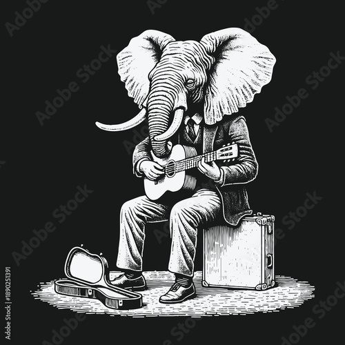 Elephant Musician in Suit Playing Guitar on Stage.