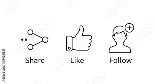 Social media icons for sharing, liking, and following on a digital platform