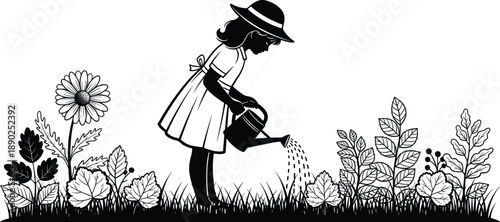 Child silhouette watering plants, black and white vector, nature care illustration, gardening clipart, peaceful outdoor scene, environmental graphic design