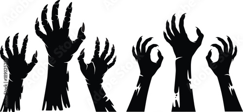 zombie hand silhouettes set. zombie hands rising from ground, vector illustration