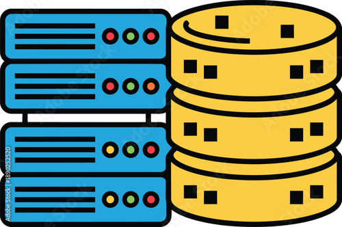 A colorful illustration of a server rack and data storage disks representing cloud computing