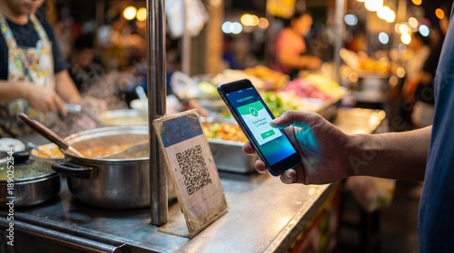 A person uses a mobile phone to pay for food in the bustling atmosphere of a night market, with a QR code and street food in the background.
